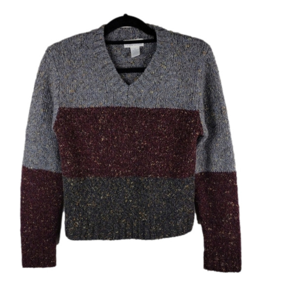 Mainframe Gray Burgundy Color Block V-Neck Long Sleeve Pullover Short Sweater - Picture 1 of 10